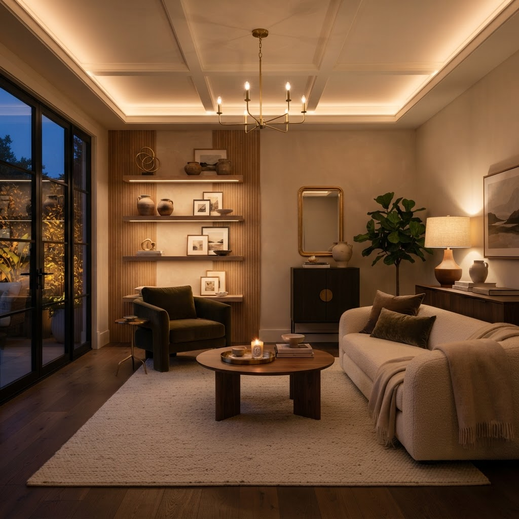 Ambiente residencial com iluminação planejada em camadas